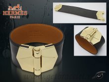 Hermes Berenice Leather Bracelet Black With Gold Cuff